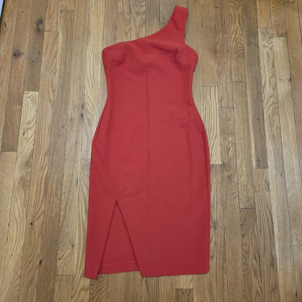 Likely Red One Shoulder Bodycon Midi‎ Dress Asymmetrical Slit Cocktail Dress 4